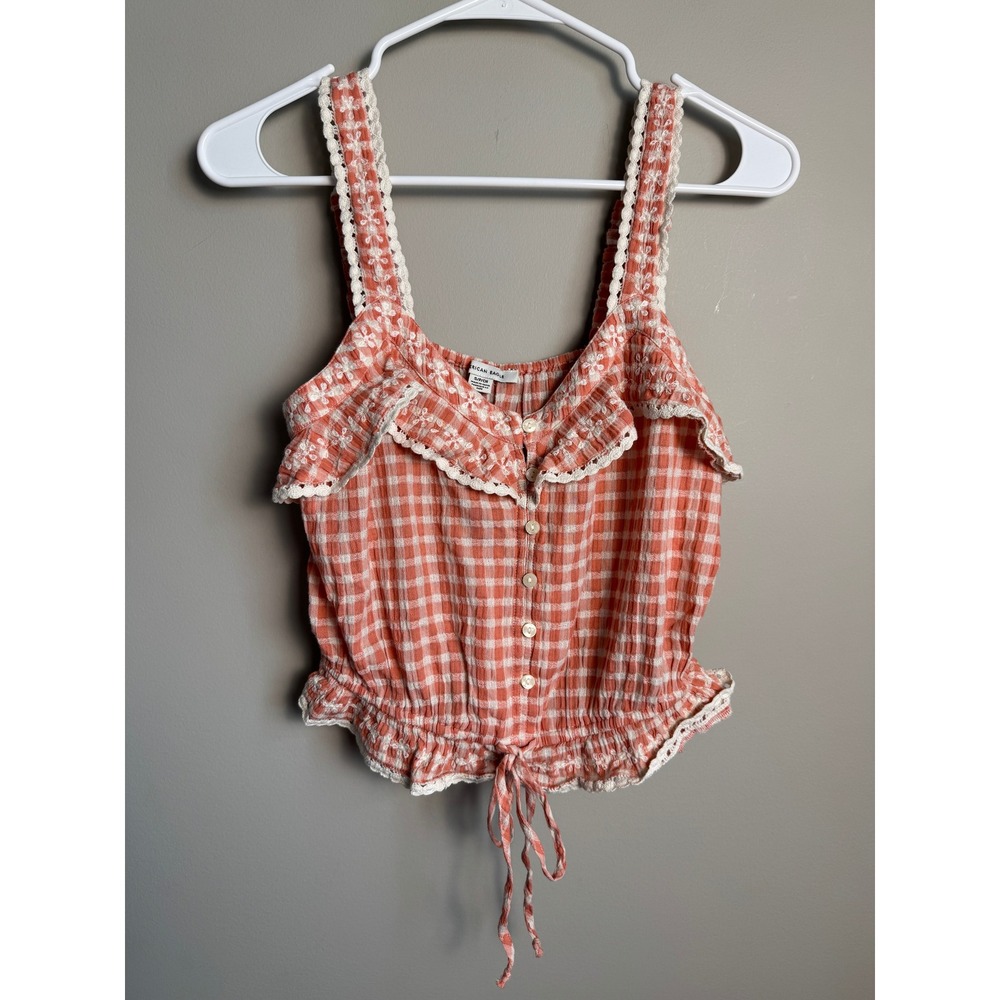 American Eagle Gingham Lace Trim Crop Top Size S Cottagecore Picnic Boho Cute